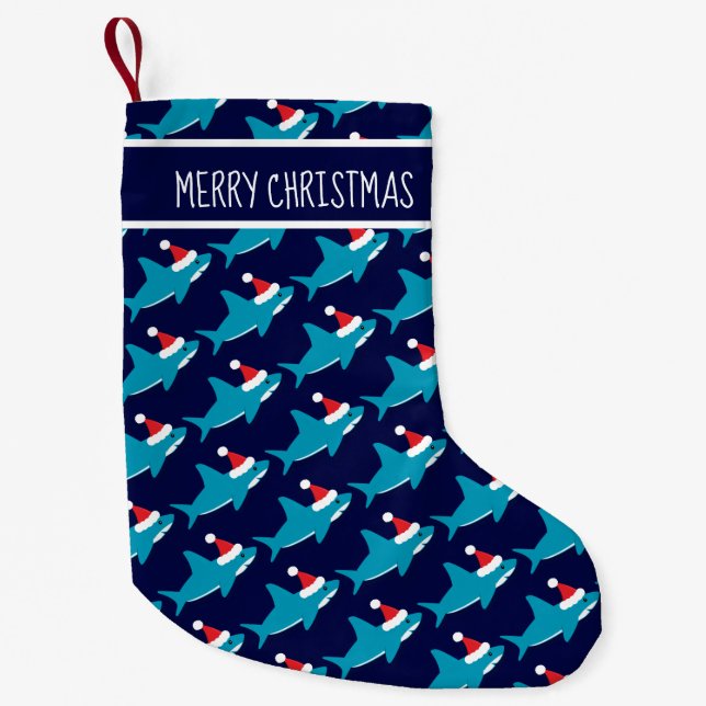 Shark Santa Hat Blue White Sharkmas Animal Liten Julstrumpa (Framsidan)