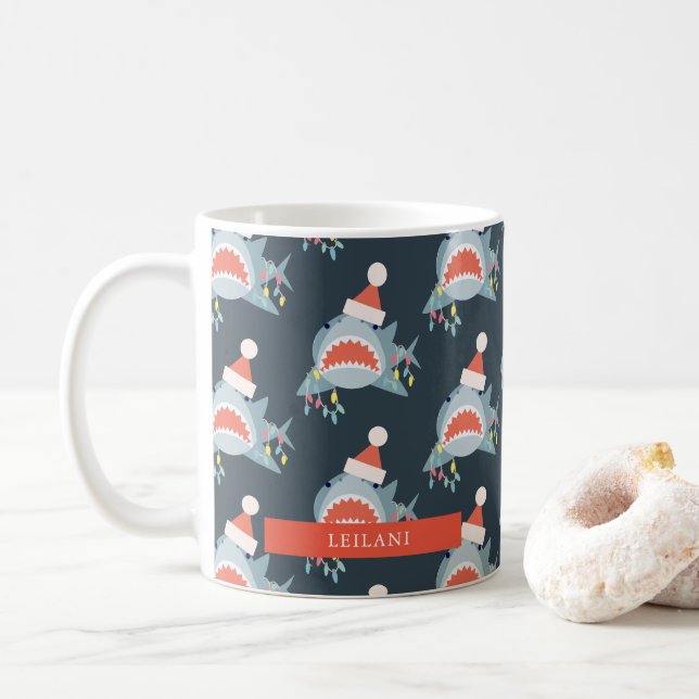 Shark Santa jul, Ljus marinblått Helgdag Kaffemugg (Med munk)