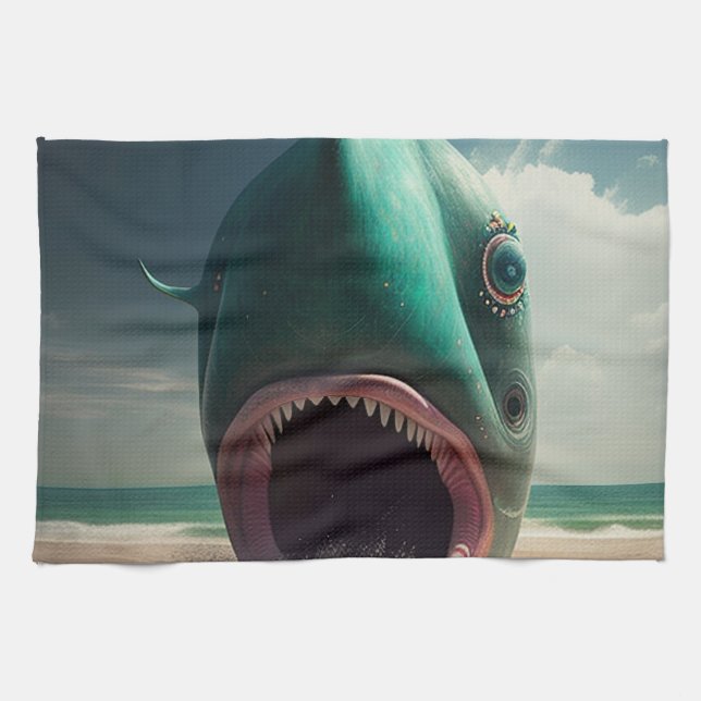Shark sculpture on the beach kökshandduk (Horisontell)