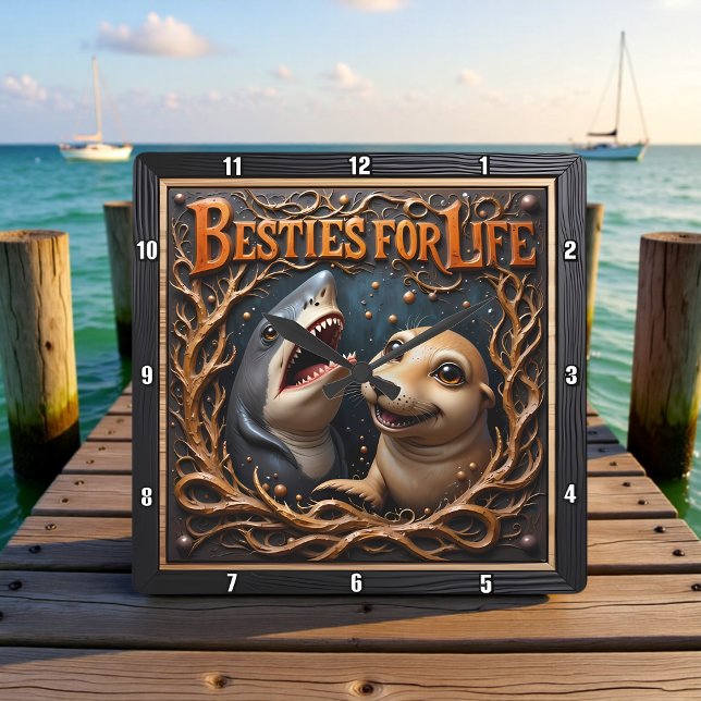 Shark Seal Marine Friendship Fyrkantig Klocka (Skapare uppladdad)