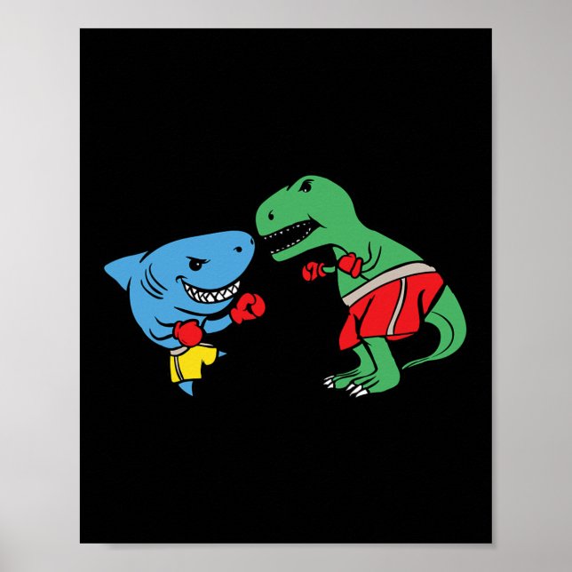 Shark Slående T-rex Dinosaur Funny Fighting Boxin Poster (Framsidan)