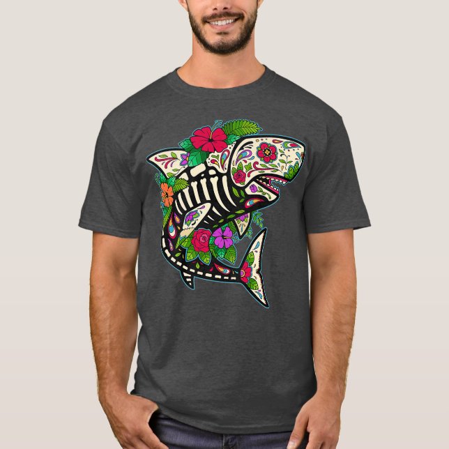 Shark Sugar Skull Calavera Mexico Dia De Los T Shirt (Framsida)