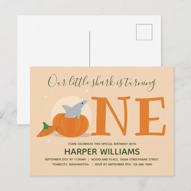 Shark Turning One Pumpkin First Birthday Inbjudan Vykort (Fram/baksida)