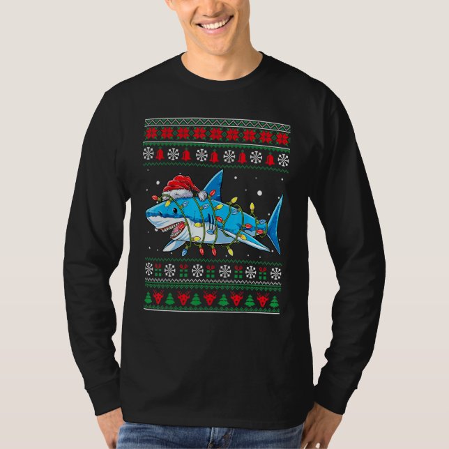 Shark Ugly Christmas Sweater Xmas Lights Family Ma T Shirt (Framsida)