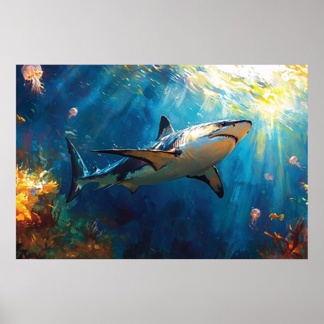 Shark Underwater Surrounded by Jellyfish Poster (Framsidan)