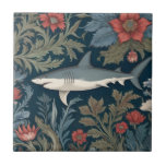 Shark William Morris stil Lämnat vid Sea Ocean Kakelplatta<br><div class="desc">"Klassy Classic art nouveau",  "sage grönt simming shark",  "oceanhavsdjur",  "william morris ceramic tile",  "blue water vatten life",  "Sea Ocseas mörk navy red",  "vintage snyggt hawaiian strlife",  "nautical wildlife vild animal animal animal animal",  "lämnat vänd mot hawaii blommigt fish",  "traditionell botanical undervattensantik"</div>