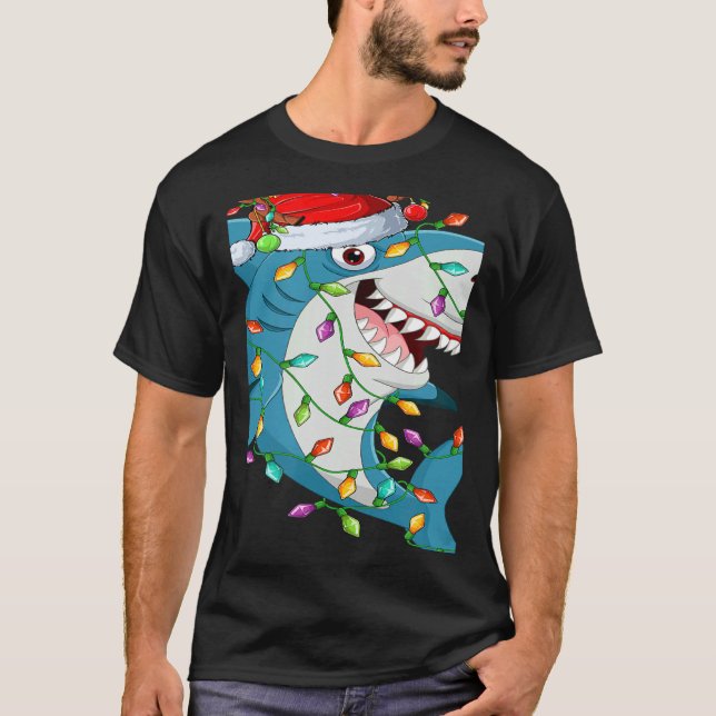 Shark Xmas Lights Reindeer Santa Shark Christmas T Shirt (Framsida)