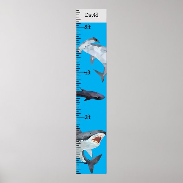 Sharks Boy Namn Growth Chart Personlig Poster (Framsidan)
