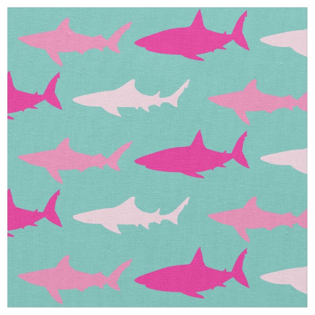 Sharks Cute Silhouette Rosa Teal Tyg (Närbild)