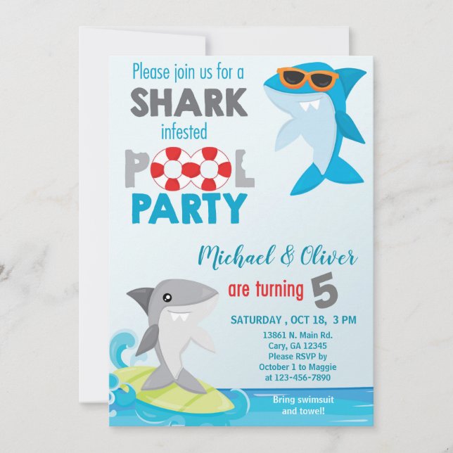 Sharks twin-killarna bassäng party födelsedag inbj inbjudningar (Framsida)