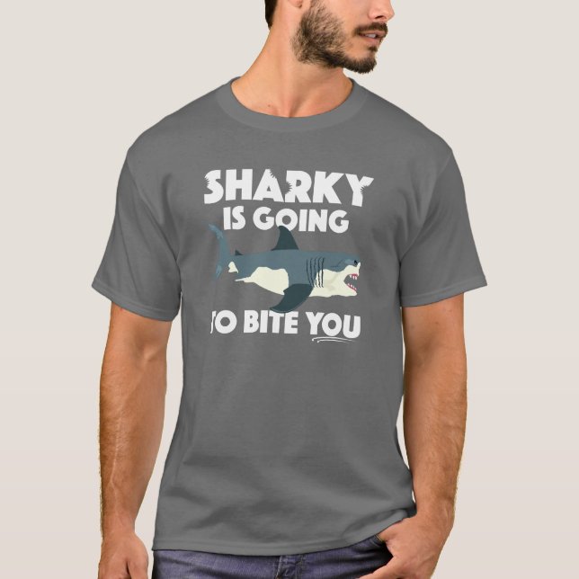 Sharky går till Bita som du utformar - grundläggan T Shirt (Framsida)