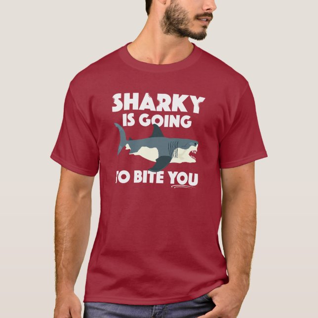 Sharky går till Bita som du utformar - grundläggan T Shirt (Framsida)