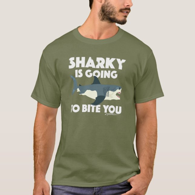 Sharky går till Bita som du utformar - grundläggan T Shirt (Framsida)