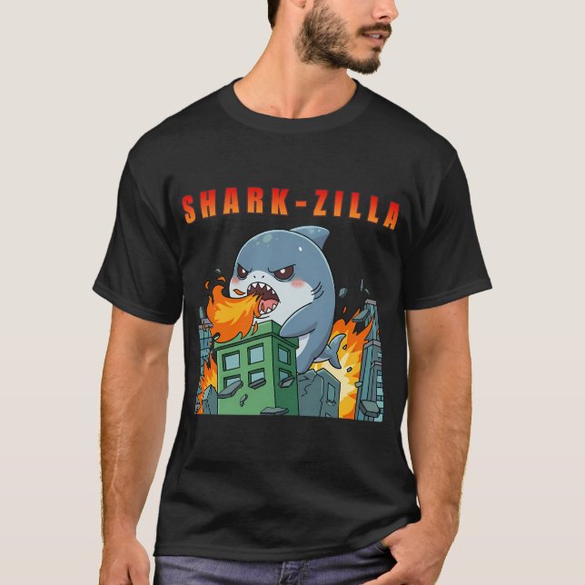 Sharkzilla Chibi Kaiju Förstör Stad T Shirt (Framsida)