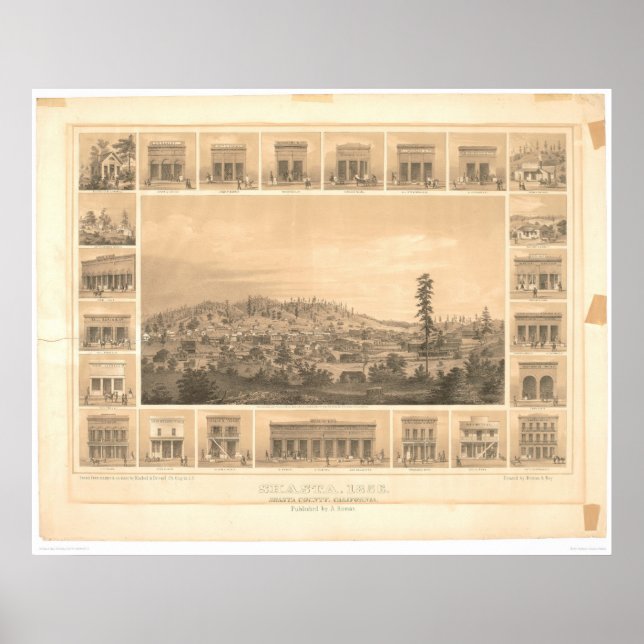 Shasta, CA. Panoramisk Karta 1856 (1612A) Poster (Framsidan)