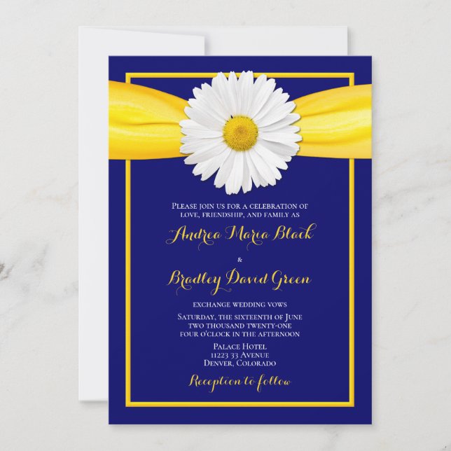 Shasta Daisy Gult Ribbon Navy Wedding bjudande Inbjudningar (Framsida)