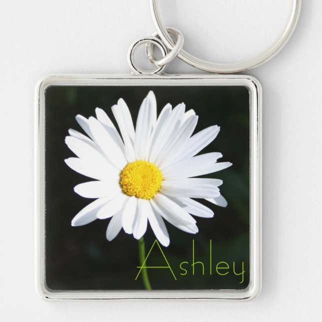 Shasta Daisy Keychain med Namn Fyrkantig Silverfärgad Nyckelring (Framsidan)