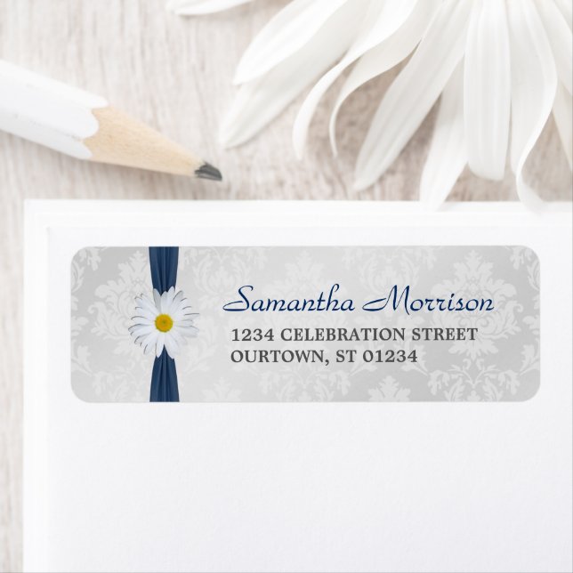 Shasta Daisy Navy Blue Ribbon Address Label Returadress Etikett (Insitu)