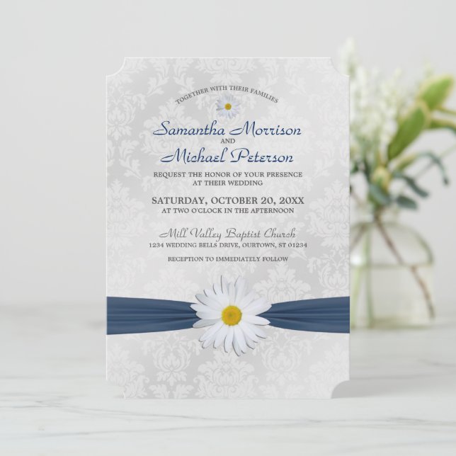 Shasta Daisy Navy Blue Ribbon Wedding bjudande Inbjudningar (Stående Fram)
