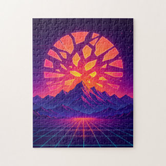 Shattered Neon Sun Over Synthwave Mountains  Pussel
