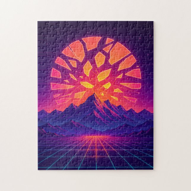 Shattered Neon Sun Over Synthwave Mountains  Pussel (Vertikal)