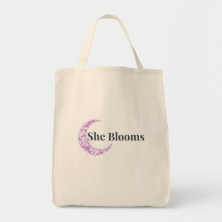 She Blooms Floral Inspirational Tote Bag Tygkasse