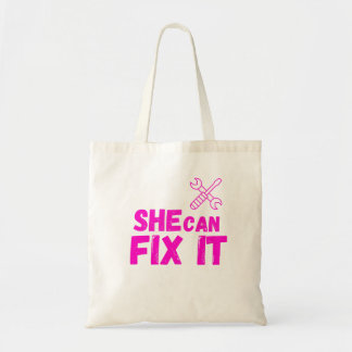 She Can Fix It | Bold DIY Feminist Tote Bag Design Tygkasse