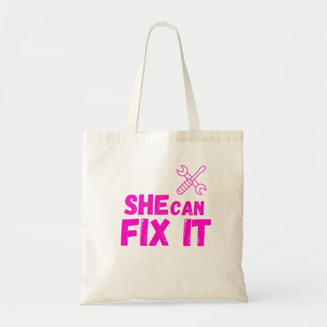 She Can Fix It | Bold DIY Feminist Tote Bag Design Tygkasse (Framsidan)