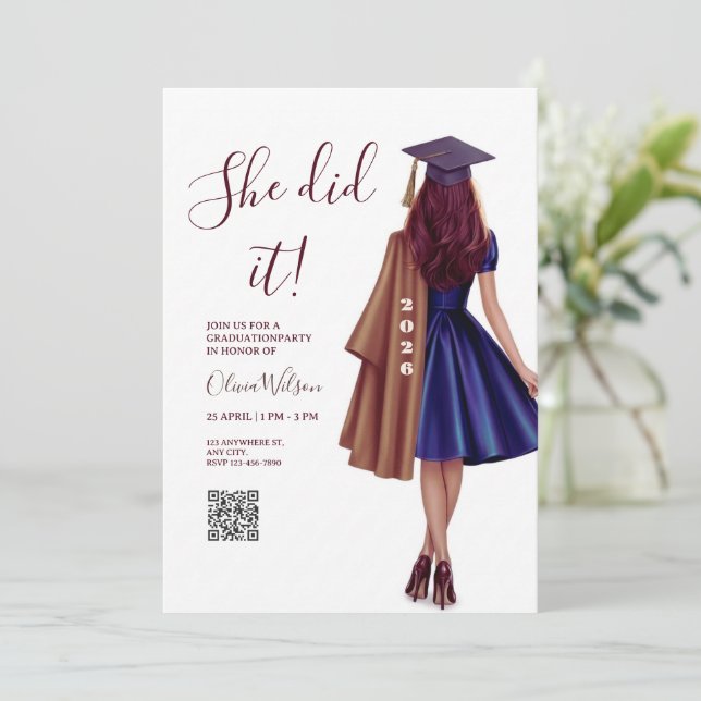 She Did It | Brown Bronze Elegant Graduation Party Inbjudningar (Stående Fram)