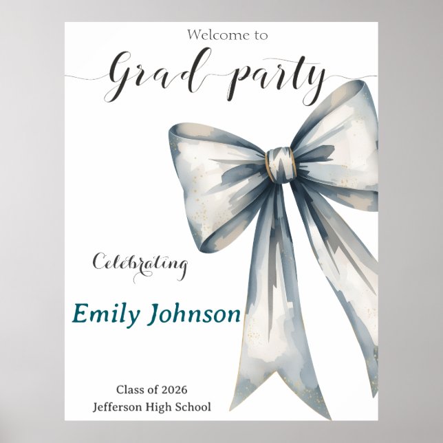 She did it Graduation invitation Photo Blue Bow  Poster (Framsidan)