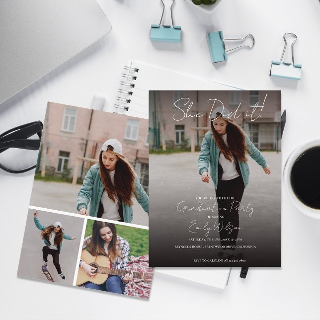 She Did It Multi Photo Graduation Party Invitation Vykort (She Did It Modern Photo Graduation Party Invitation Postcard | Multi Photo Grad Party )