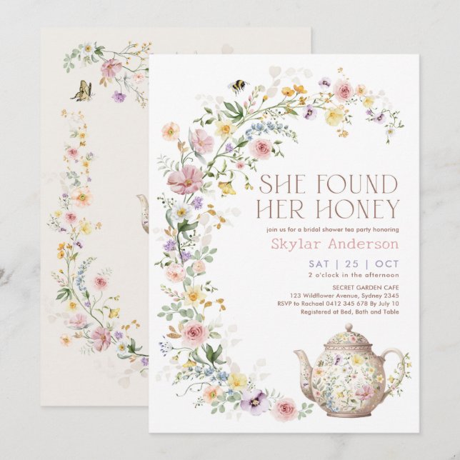 She Found Her Honey Wildflower Bridal Shower Tea Inbjudningar (Fram/baksida)