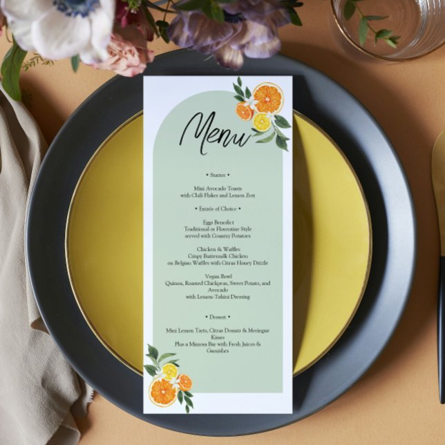She Found Her Main Bridal Shower Citrus Lemon  Meny (watercolor lemons, soft greenery, and modern elegant typography summer bridal shower, garden brunch)