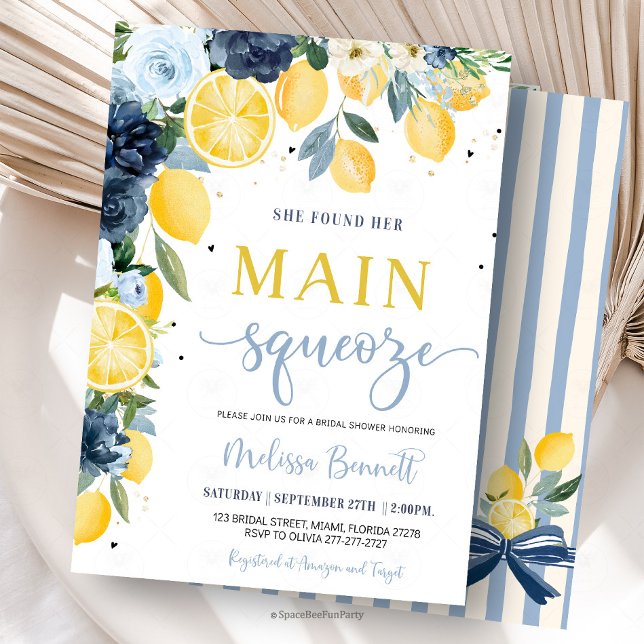 She Found Her Main Squeeze Lemon Bridal Shower  Inbjudningar (she found her main squeeze,lemon bridal shower invitation,citrus bridal shower,mediterranean,summer )