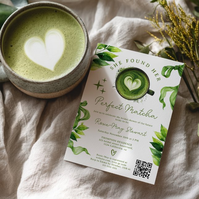 She Found Her Perfect Matcha Green Tea Qr Bridal  Inbjudningar (She Found Her Perfect Matcha Green Tea Qr Bridal Invitation)
