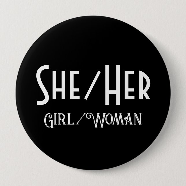 SHE/HER GIRL/WOMAN Round Black-knapp Knapp (Framsida)