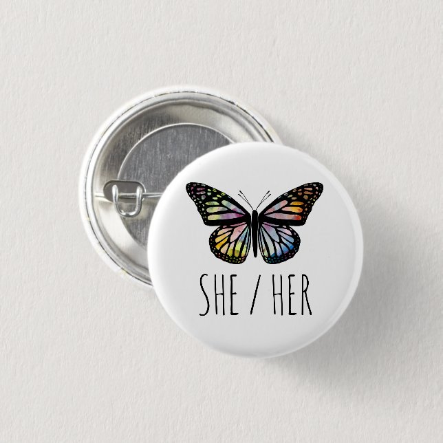 SHE/HER Pronounations Watercolor Butterfly Knapp (Framsida & baksida)