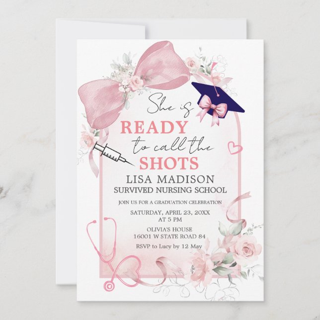 She Is Ready to Call the Shots Nursing Graduation  Inbjudningar (Framsida)