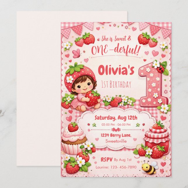 She is Sweet and Onederful 1st Birthday Invitation Inbjudningar (Fram/baksida)