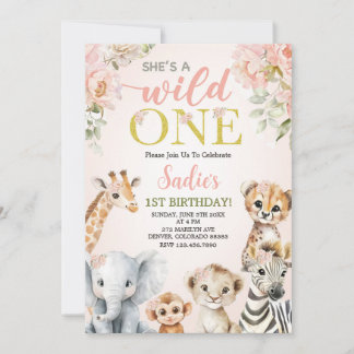 She’s a Wild One Floral Safari Girl 1st Birthday Inbjudningar