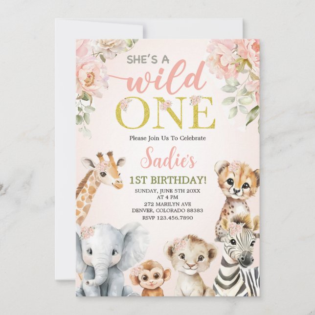 She’s a Wild One Floral Safari Girl 1st Birthday Inbjudningar (Framsida)