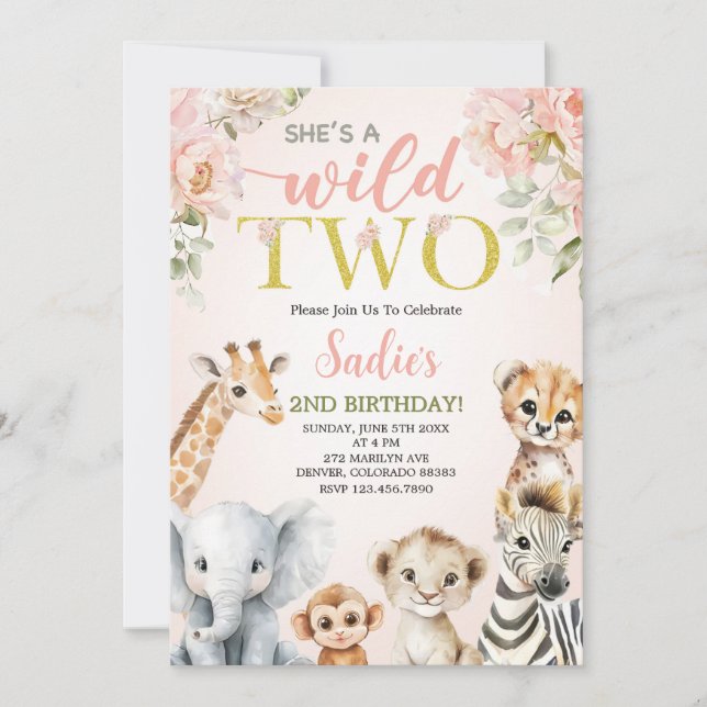 She’s a Wild Two Floral Safari Girl 2nd Birthday Inbjudningar (Framsida)