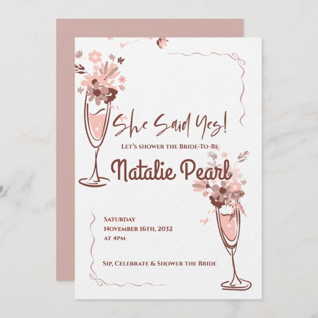 She Said Yes Blush Floral Champagne Bridal Shower Inbjudningar (Fram/baksida)
