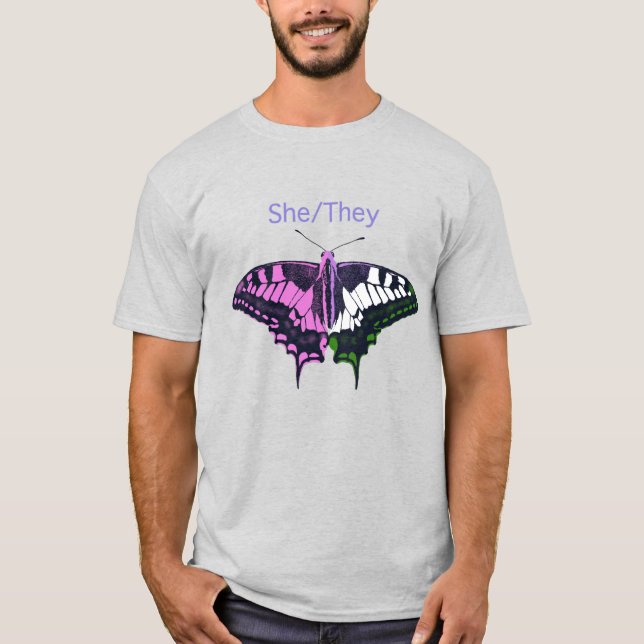 She/They Non-Binary Flag Swallowtail Butterfly T Shirt (Framsida)