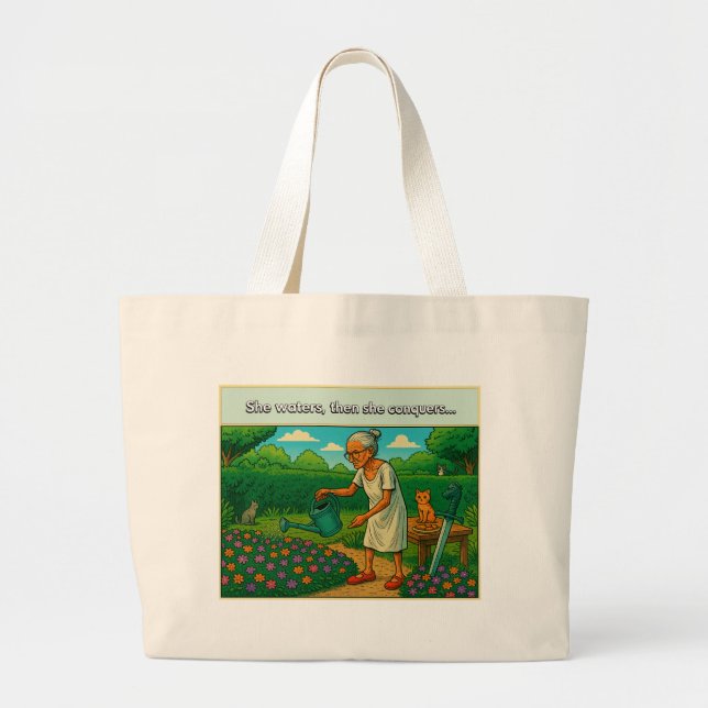 She waters, then conquers Tote Bag Jumbo Tygkasse (Framsidan)