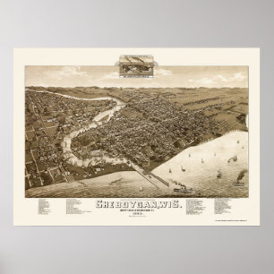 Sheboygan panorama- karta för WI - 1885 Poster