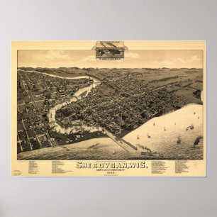 Sheboygan WI 1885 Antique Panoramic Karta Poster