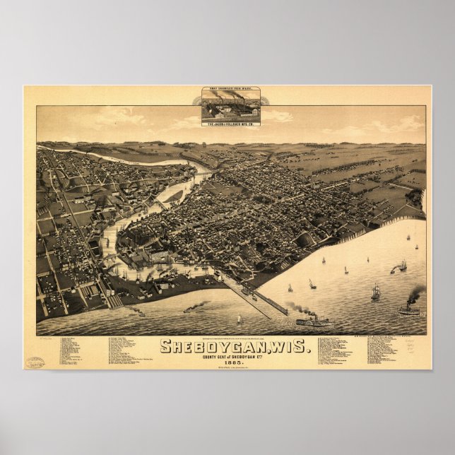 Sheboygan WI 1885 Antique Panoramic Karta Poster (Framsidan)