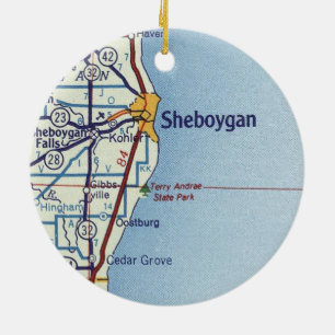 Sheboygan WI Vintage Karta Julgransprydnad Keramik