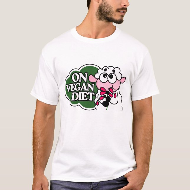 Sheep Eating Flower Saying “On Vegan Diet”  T Shirt (Framsida)